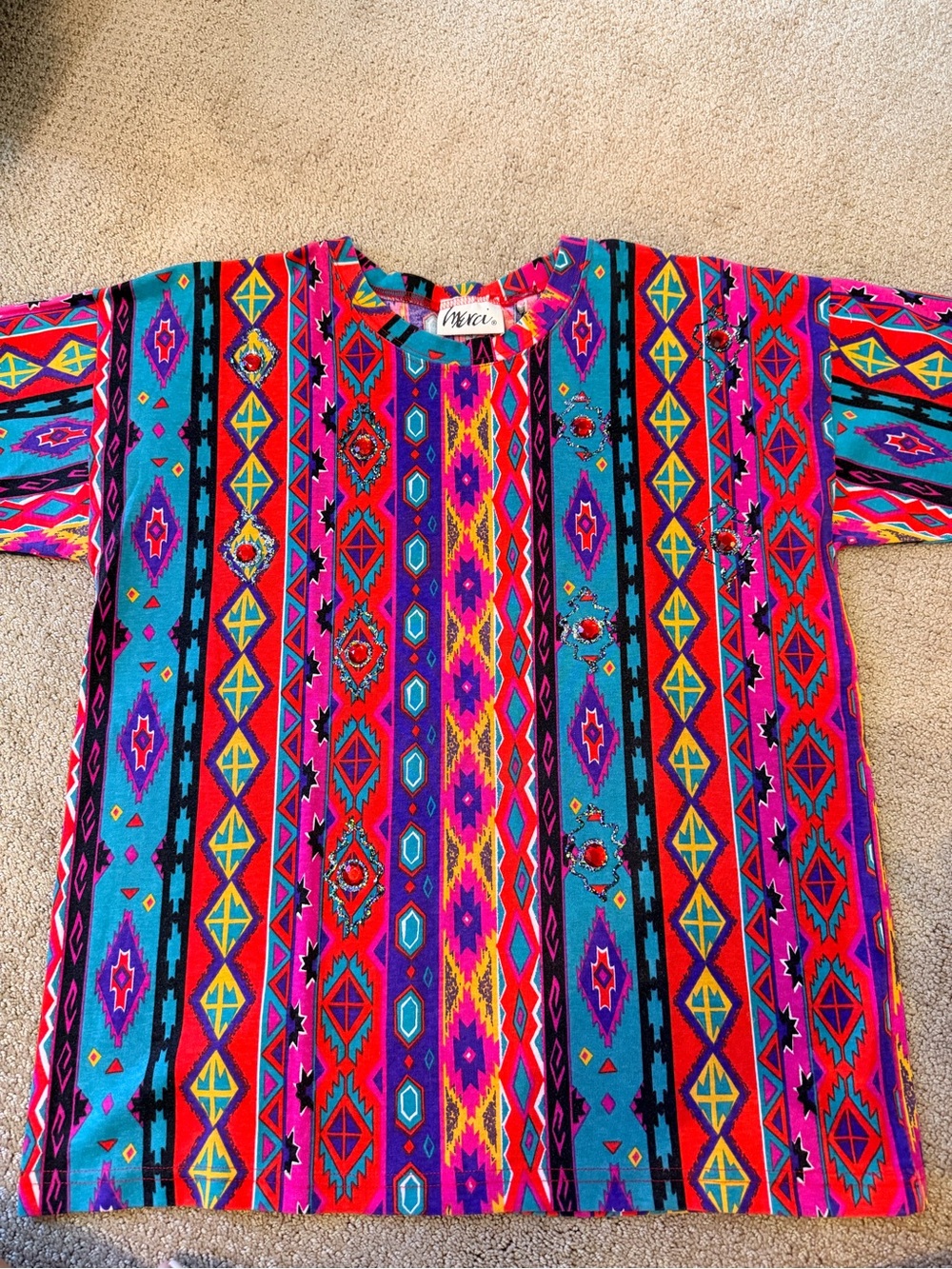 Vintage Bright Multi-Color Aztec Short Sleeve Tee with Embellishments Med.